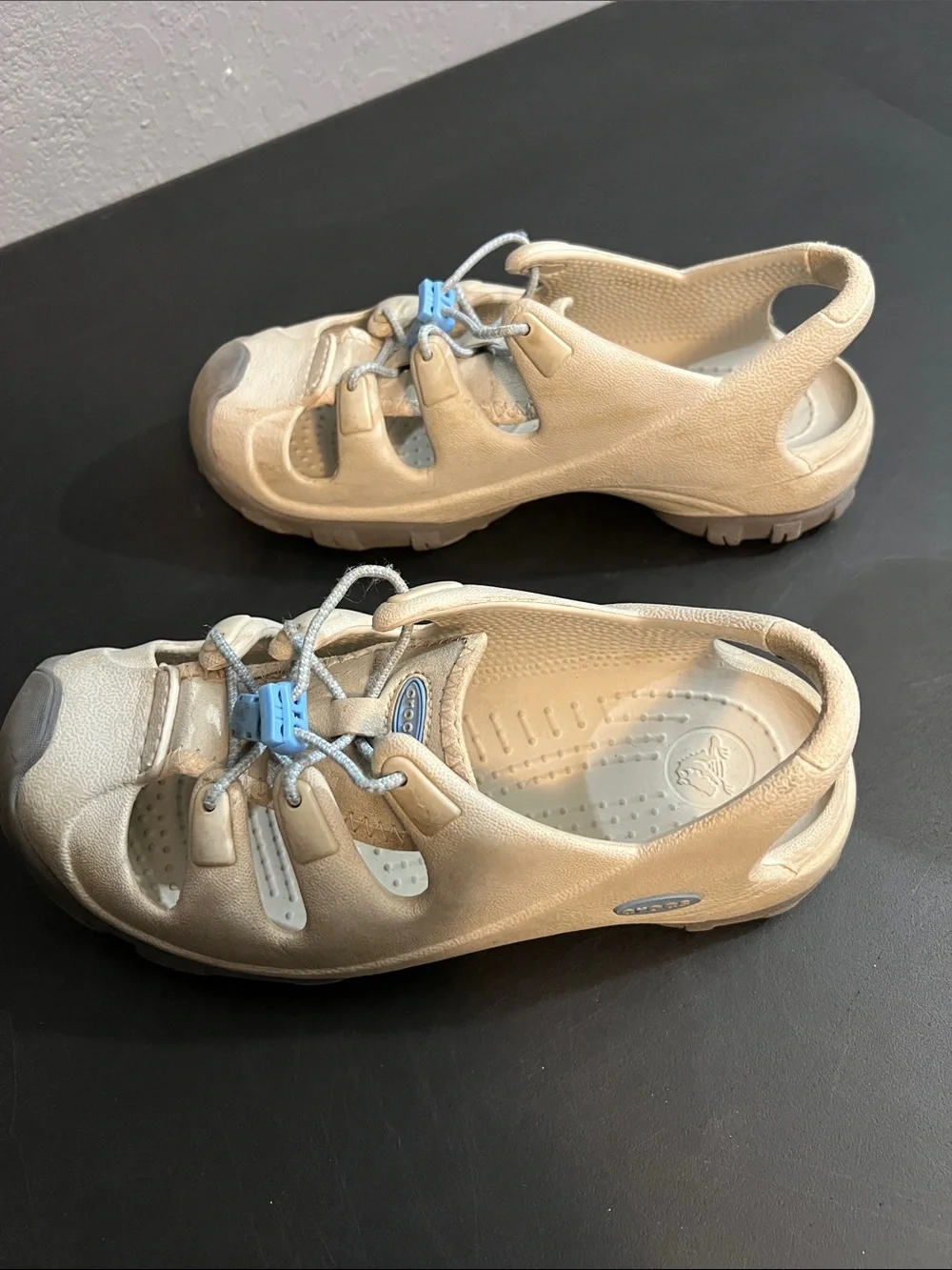 CROCS Beige Water Shoes with Light Blue Accents